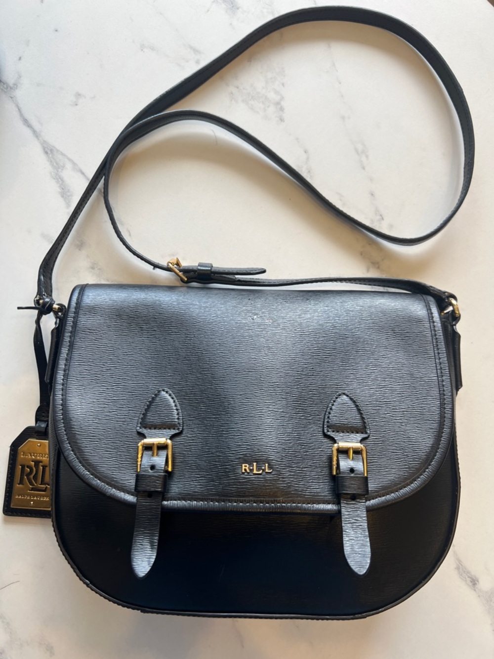 Lauren Ralph Lauren Black Leather Saddle Crossbody with Gold Buckle